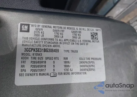 2011 Chevrolet Silverado 1500 Lt z USA, uszkodzony, nr VIN 3GCPKSE31BG308459